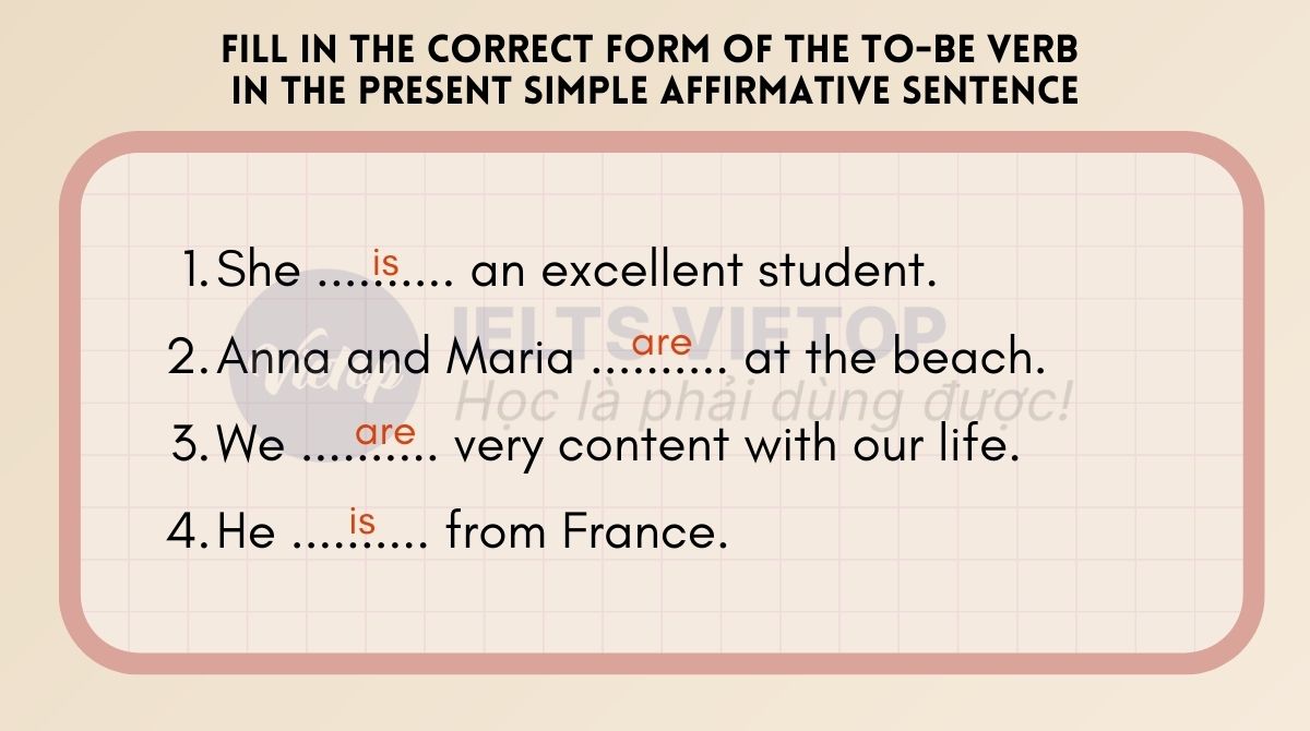 Fill in the correct form of the to-be verb in the present simple affirmative sentence