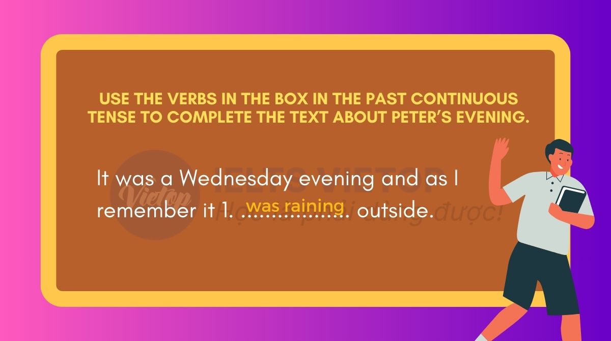 Use the verbs in the box in the past continuous tense to complete the text about Peters evening