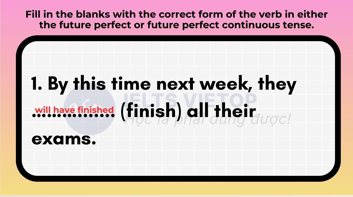 Fill in the blanks with the correct form of the verb in either the future perfect or future perfect continuous tense