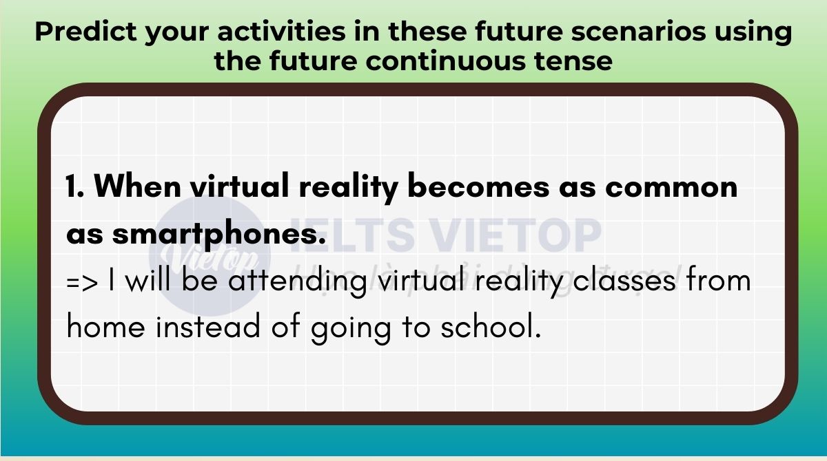 Predict your activities in these future scenarios using the future continuous tense