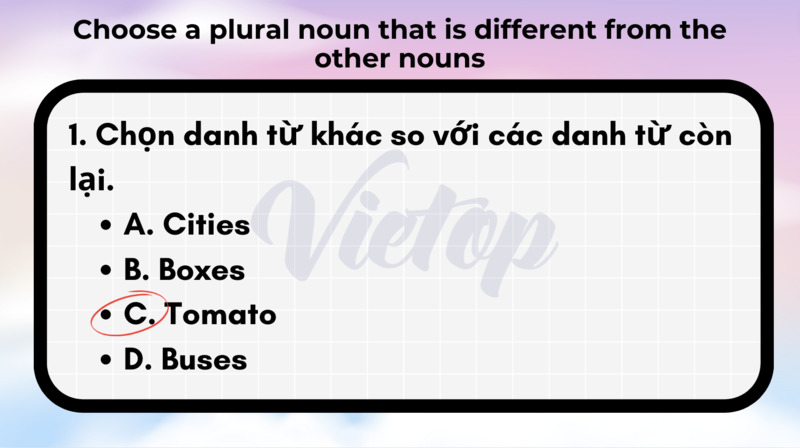 Choose a plural noun that is different from the other nouns